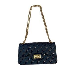 Blue Jelly Quilted Purse Shoulder Bag Turn Lock Closure Gold Tone Chain Shoulder